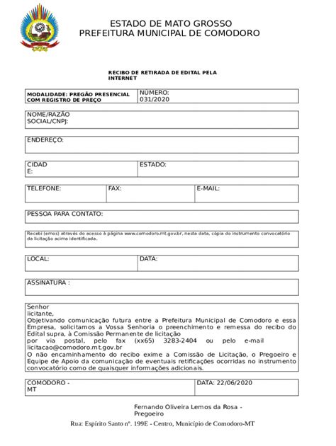 Recibo De Retirada De Edital Pela Internet Doc Template Pdffiller