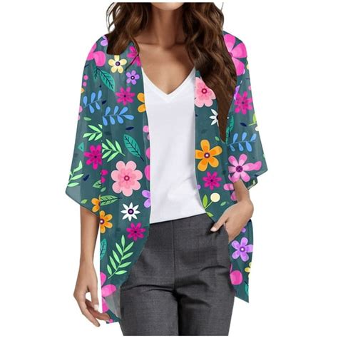 Chailin Womens Floral Print Puff Sleeve Kimono Cardigan Loose Cover Up Casual Blouse Tops