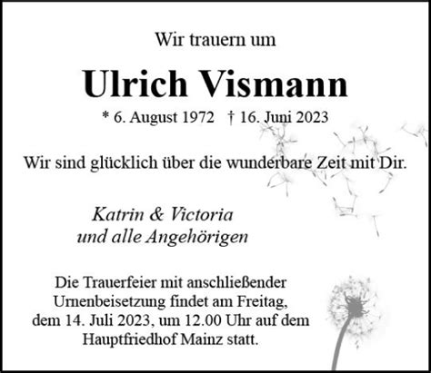 Traueranzeigen Von Ulrich Vismann Vrm Trauer De