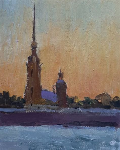 An Oil Painting Of A Clock Tower In The Distance