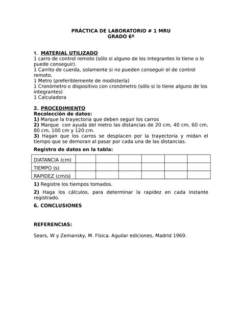 GUÍA I DE Laboratorio 6º PRÁCTICA DE LABORATORIO 1 MRU GRADO 6º 1