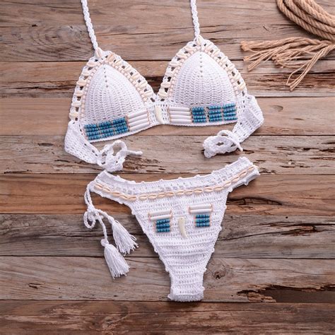 Sexy Blue Shell Beaded Bikinis Set Handmade Crochet High Quality