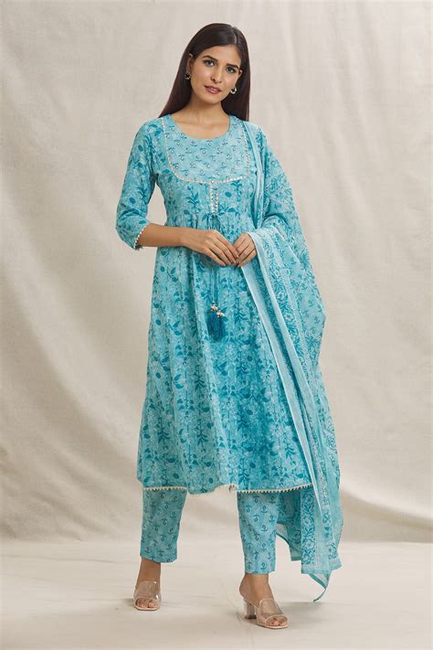 Buy Adara Khan Blue Cotton Floral Print Thread Embroidered Anarkali