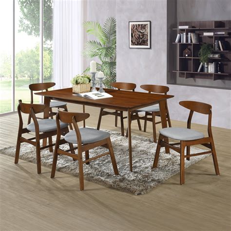 SEVILLE 7PC Mid Century Modern Wood Dining Room Set Walnut Gray