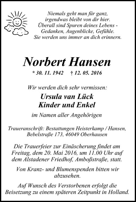 Traueranzeigen Von Norbert Hansen Trauer In NRW De