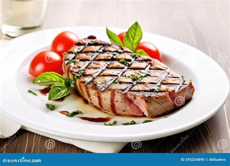 Um Belo Bife De Atum Grelhado Numa Placa Branca Foto De Stock Imagem