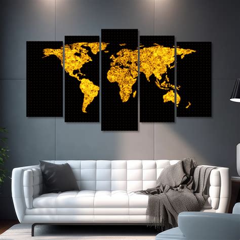 Quadros Decorativos Mosaico 5 Peças Mapa Mundi Dourado Quadros Home