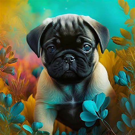 Pug Puppy In Colourful Field Setting Contemporary Digital Wall Art