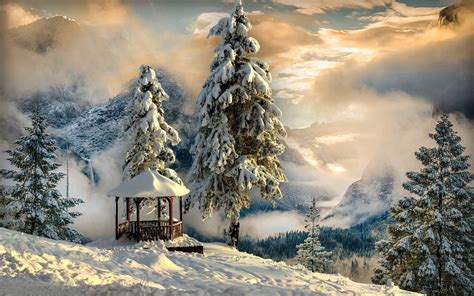 Clouds Landscape Mountain Nature Sky Snow Trees 4k Wallpaper