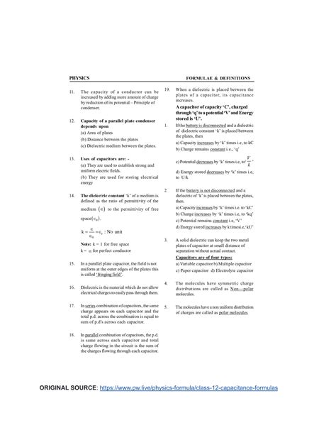 Ppt Formula Booklet Physics Class Chapter Capacitance Powerpoint