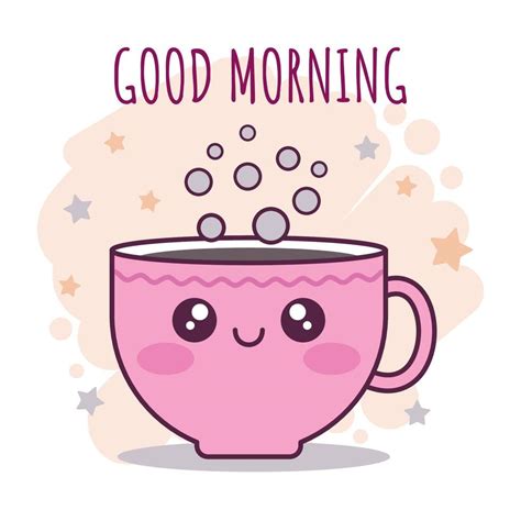 Cute Cartoon Kawaii Coffee Cup Character With Stars On A Beige Background Good Morning Greeting