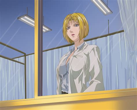 Kitami Reika Bible Black 1girl Blonde Hair Blue Eyes Bob Hair Curvy Lab Coat Lipstick