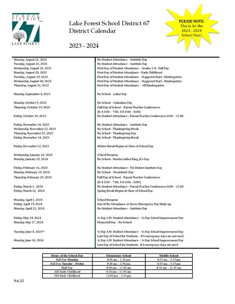 Lake Forest School District 67 Calendar 2023-2024 in PDF