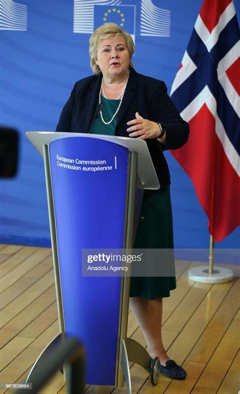 Norwegian Prime Minister Erna Solberg makes a speech during a joint ...