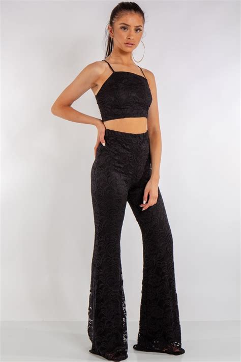 Black Lace Crop Top And Trouser Co Ord Set