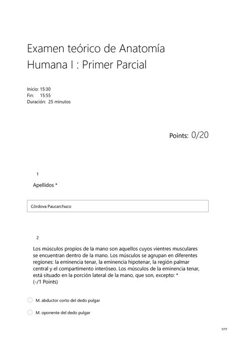 Examen teórico de Anatomía Humana I Primer Parcial Points 0 Examen