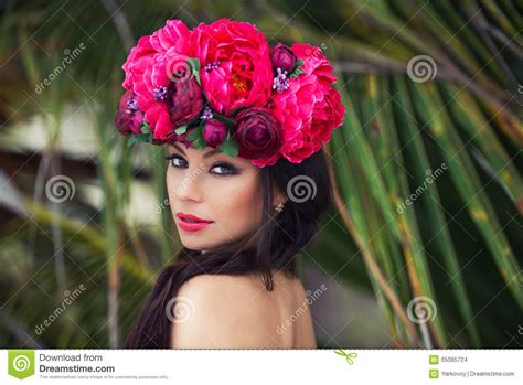 Fashion Beauty Portrait Of Beautiful Brunette Girl With Wreath Of Flowers On Her Head Stock