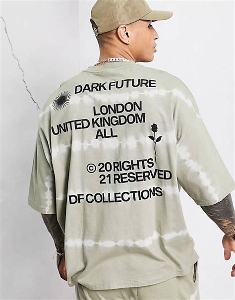 Asos Dark Future Co Ord Oversized T Shirt With Logo Prints In Khaki Tie