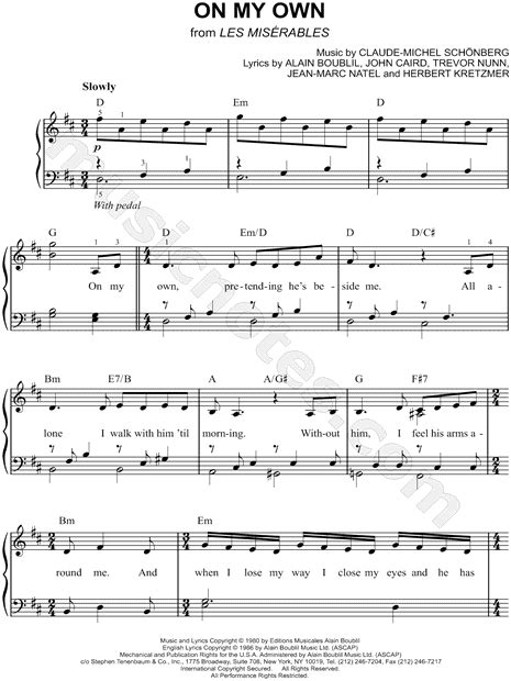 "On My Own" from 'Les Misérables' Sheet Music (Easy Piano) in D Major ...