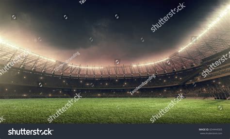 Soccer Stadium Illumination Green Grass Night Stock Photo