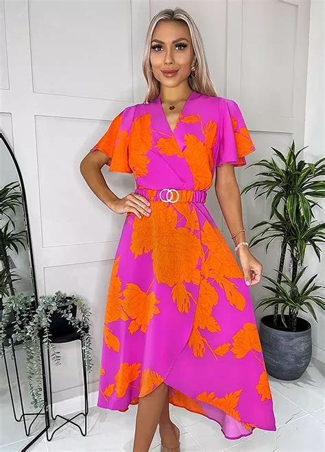 AX Paris Pink Orange Floral Print Belted Wrap Midi Dress Freemans