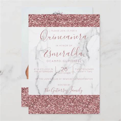 Girly Pink Glitter Marble Quinceanera Photo Invitation Zazzle