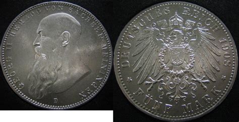 5 Mark Sachsen Meiningen 1908 Jaeger 153b Fast prägefrisch MA Shops