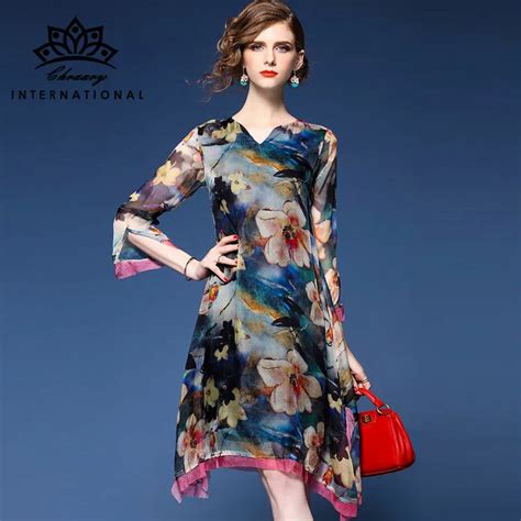 Summer Women V Neck Flower Printing Dress Knee Lenght Casual