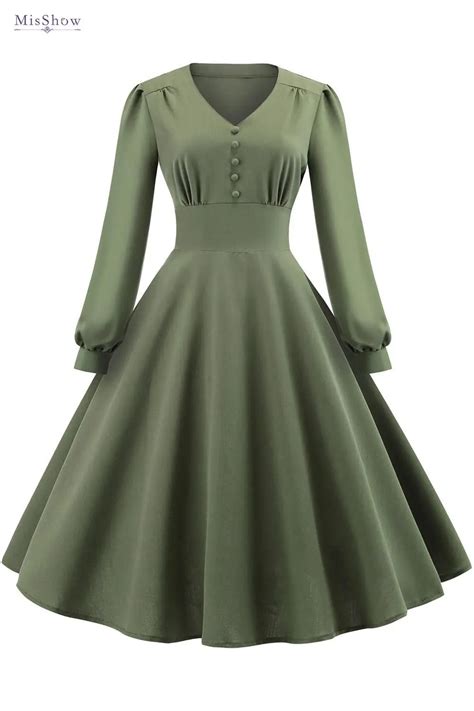 Misshow Army Green Long Sleeve Vintage Dress V Neck Vintage Party Dress