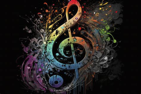 Music stave and treble clef colorful splash illustration on black background, horizontal banner ...