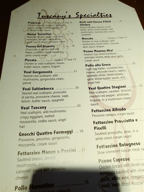 Menu At Tuscany Italian Restaurant Woodstock