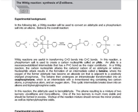 Solved The Wittig Reaction Synthesis Of E Stilbene Lab Chegg