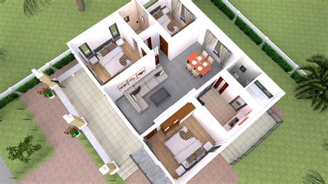 House Plans 10x10 with 3 Bedrooms full interior - SamHousePlans