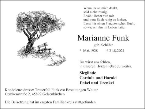 Traueranzeigen Von Marianne Funk Trauer In Nrw De