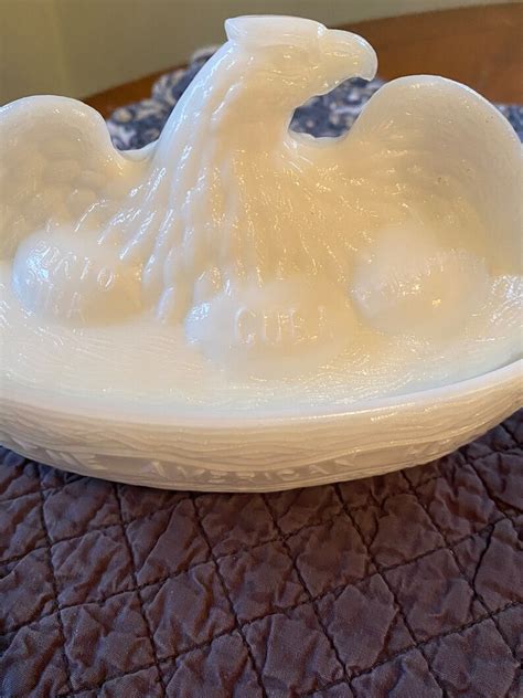 The American Hen Antique Milk Glass Covered Candy Dish Spanish American War Commemorative