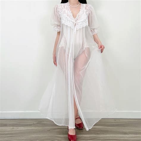 Sz M Vintage Sheer White Lace Puff Sleeve Peignoir Bridal Wedding Lingerie Maxi Dressing Robe