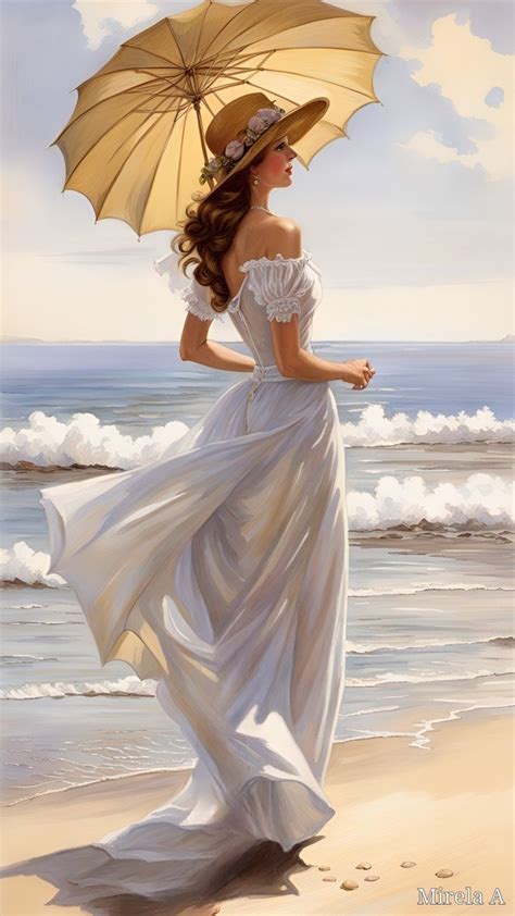 A Painting Of A Woman In A White Dress Holding An Open Umbrella On The