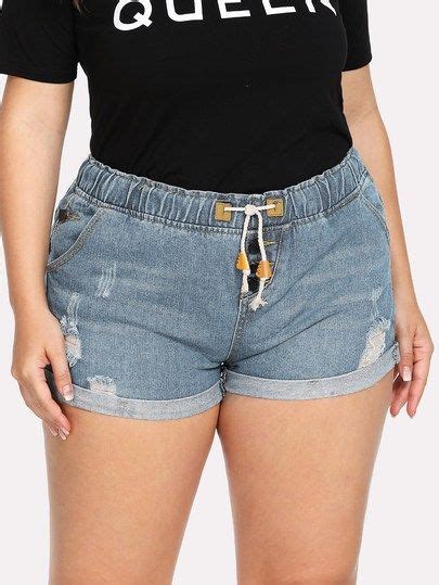 Shein Plus Cuffed Hem Drawstring Waist Denim Shorts