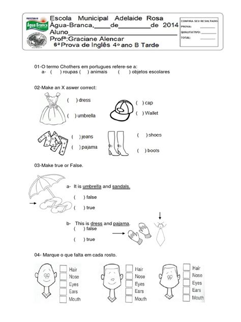 Prova De Ingles 4 Ano - 06 prova de ingles 4 ano roupas e acessórios.pdf