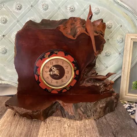 VINTAGE LIVE EDGE BURL WOOD Table Mantle CLOCK Sea Birds Carved Mid