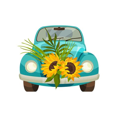 Coche Azul Con Las Flores Del Girasol Ilustraci N Del Vector En El