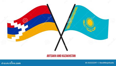 Artsakh And Kazakhstan Flags Crossed And Waving Flat Style Official