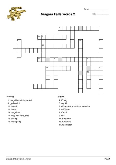 Niagara Falls Words 2 Crossword Quickworksheets