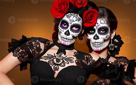 Women With Makeup Face Tattoos Halloween For The Celebration Of Mexican