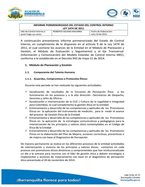 Informe Pormenorizado Del Estado De Control Interno Con Corte A