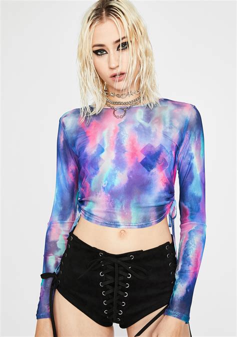 Tie Dye Mesh Long Sleeve Ruched Crop Top Dolls Kill