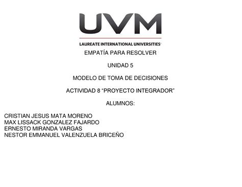 Proyecto 8 Empatia EMPATÍA PARA RESOLVER UNIDAD 5 MODELO DE TOMA DE