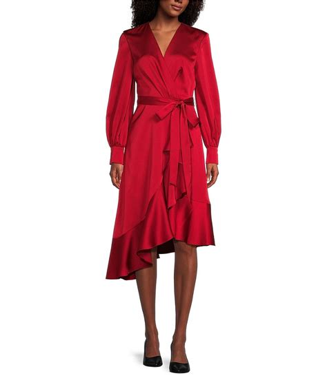 Alex Marie Petite Size Satin V Neck Long Sleeve Wrap Ruffle Dress