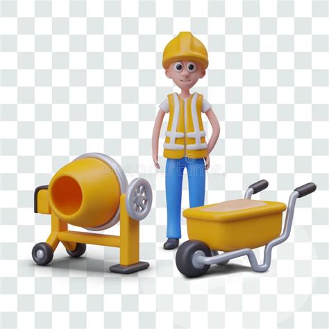 3D Builder Stands Near Wheelbarrow And Concrete Mixer Scene From