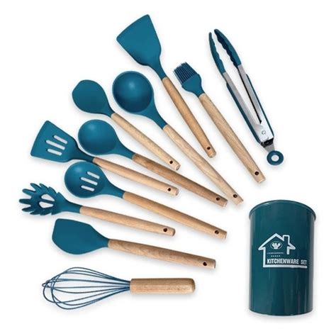 Jogo 12 Peças Colheres Silicone Cabo Madeira Utensílios Cozinha Azul